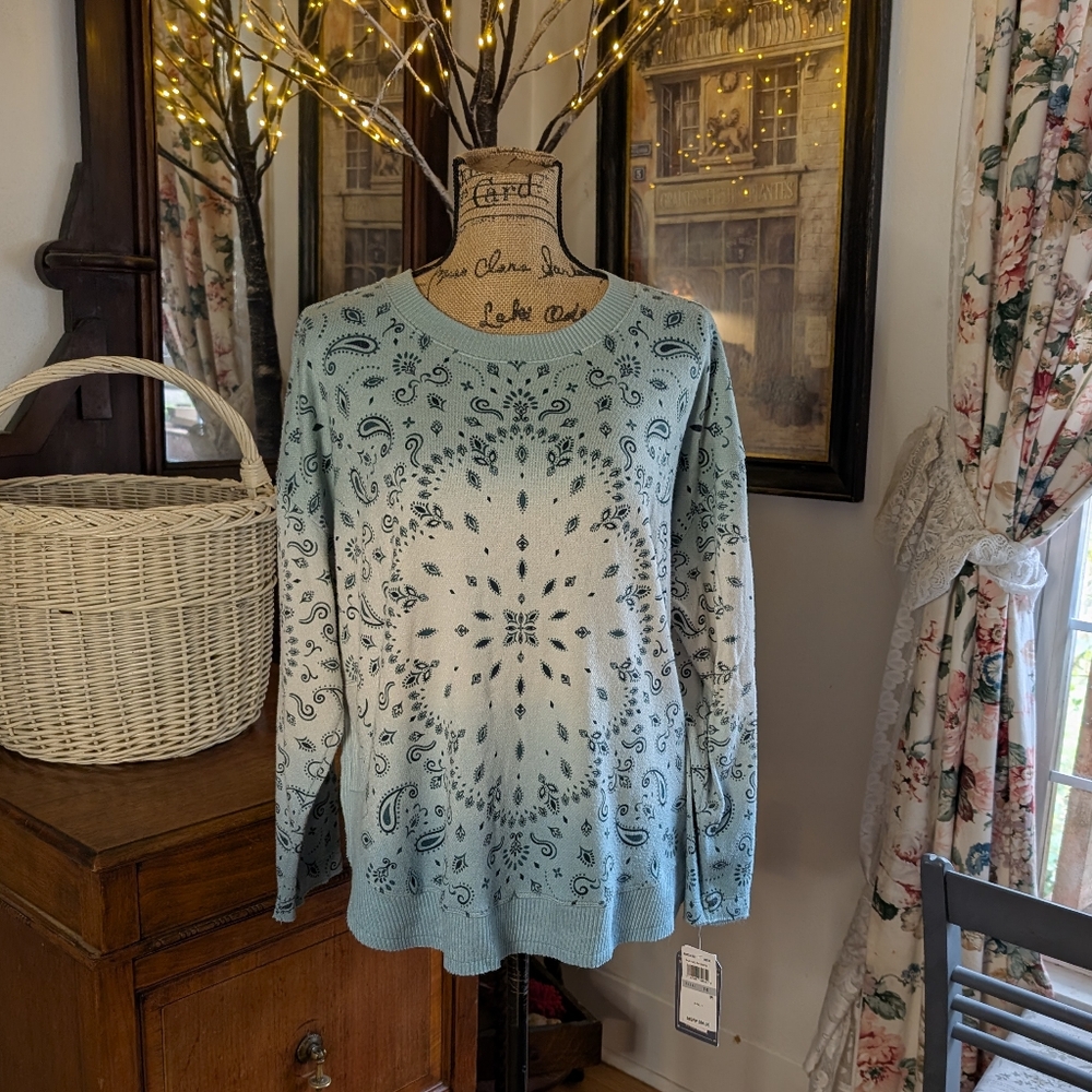 Blue and White Paisley Long Sleeve Top
